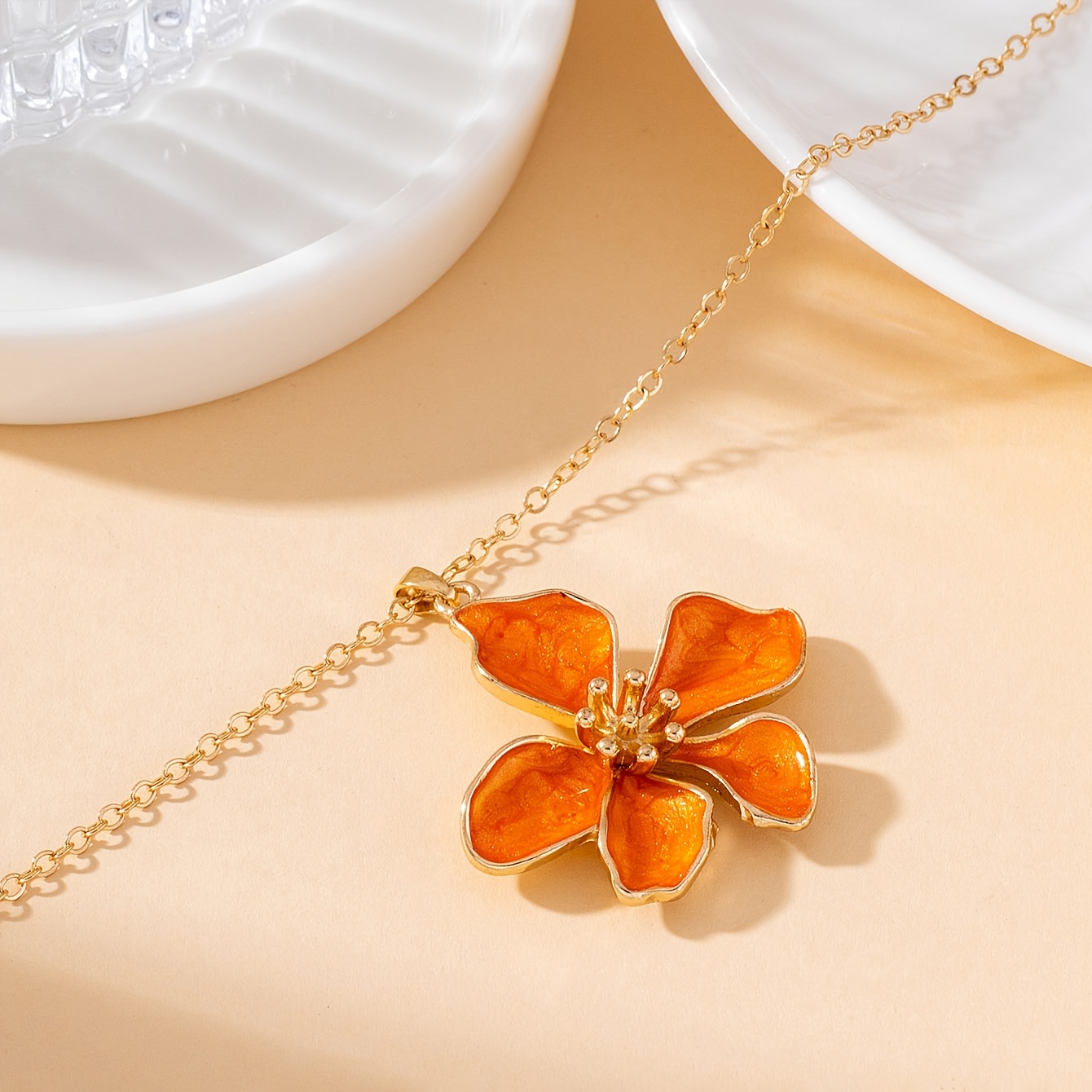Handmade White, Pink, and Orange Enamel Five-Petal Flower Necklace